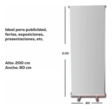 Banner publicitario con altura de 200 cm y ancho de 80 cm, ideal para eventos y presentaciones.